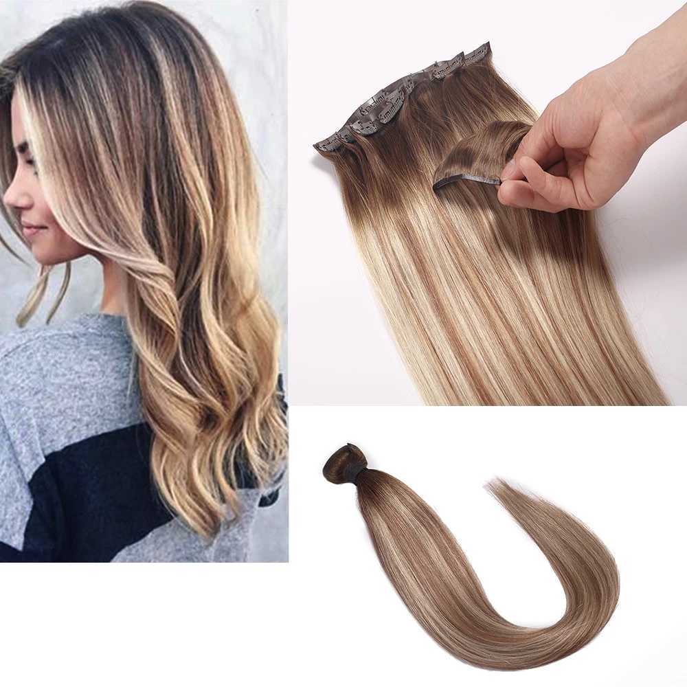 Wholesale Real Clip ins Russian Human Hair 100% Remy Hair Raw Pu Natural Straight Invisible Seamless Clip in Hair Extension S25526