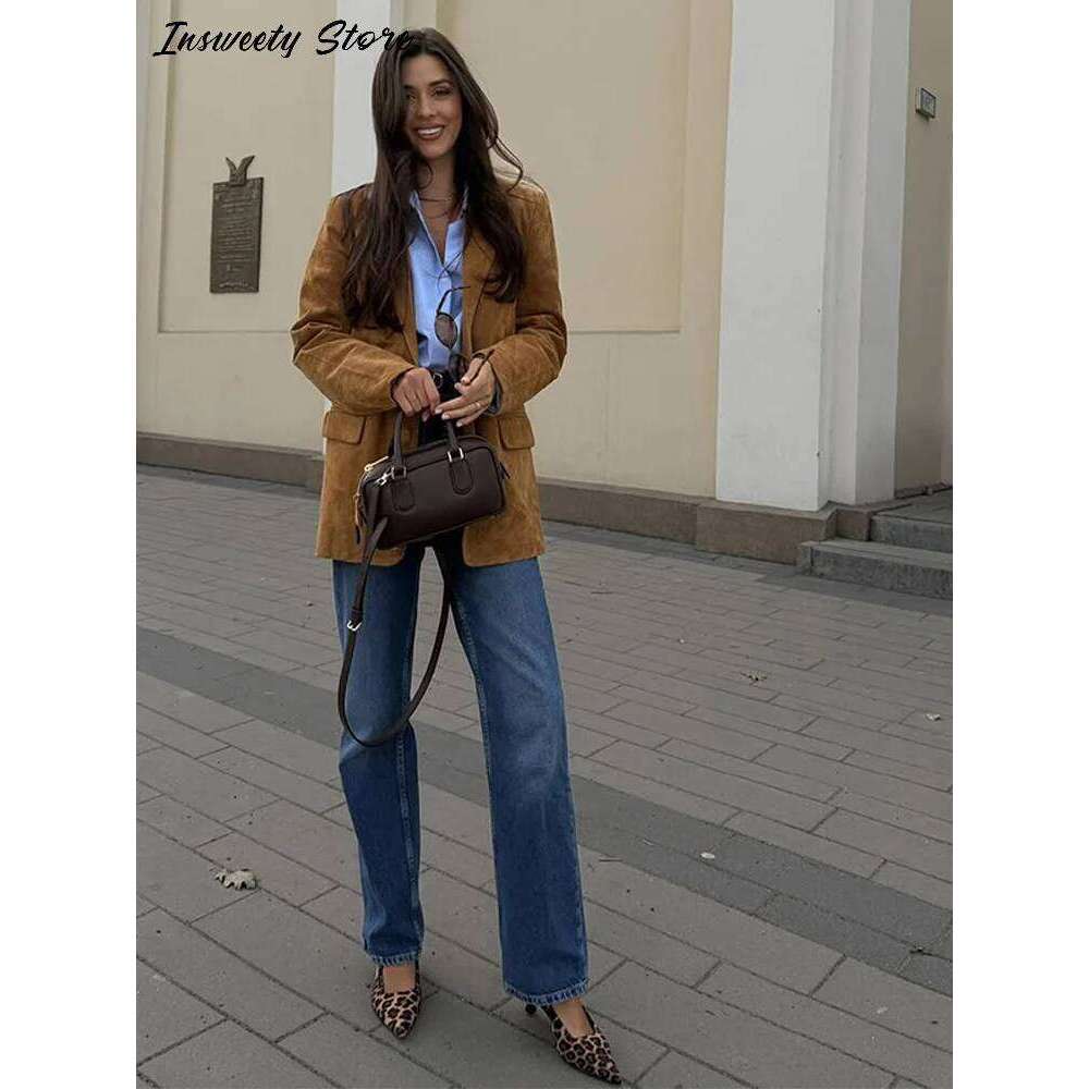 Fashion Suede Khaki Jacket Women's Single Breasted Lapel Buttons Pockets Full Sleeve Coats 2025 Spring Lady Vintage Streetwear