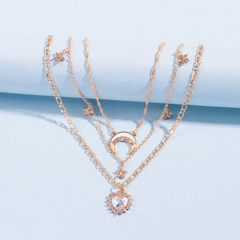 New Alloy Jewelry Fashionable Individual Heart Moon Crystal Multi Layer Necklace for Women Elegant and Versatile for Socialite Street Snaps