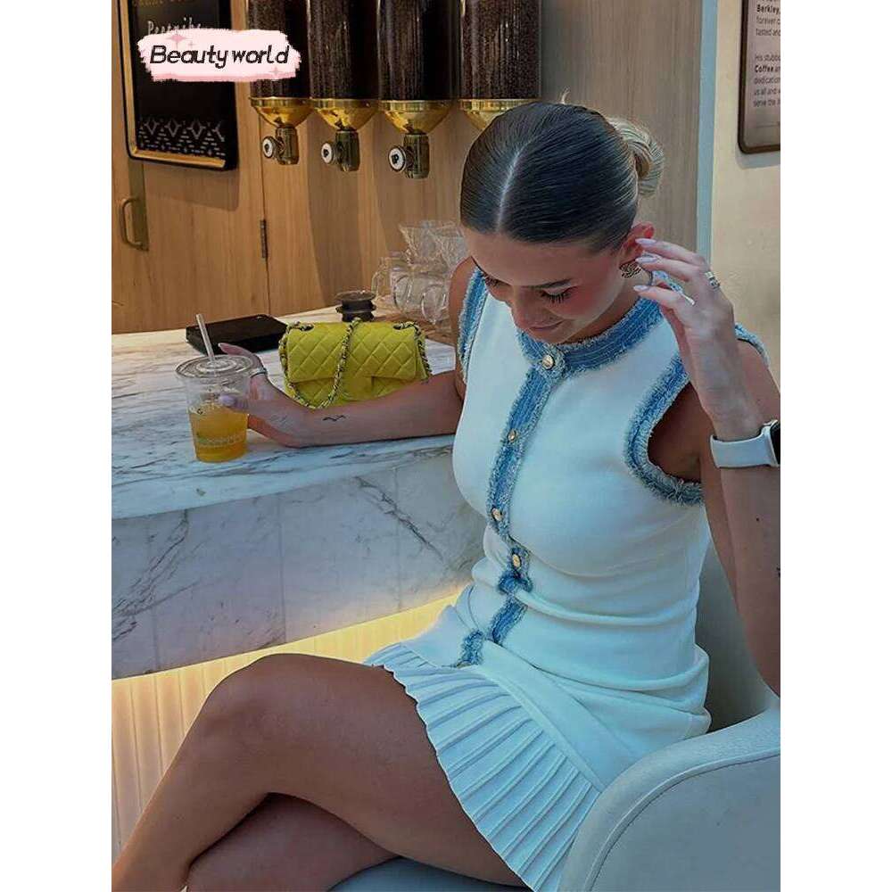Women Elegant Pleated Patchwork Knitted Mini Dress Lady Round Neck Sleeveless Single Breasted Short Dresses 2025 Fashion Vestido