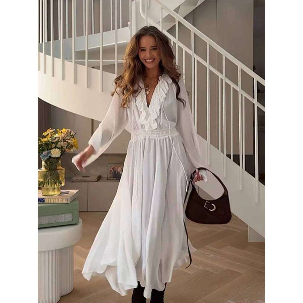 Sexy Deep V-neck Dress Women Elegant Full Flare Sleeve Loose Female Long Dresses 2025 Spring Summer White Ruffle Lady Party Robe