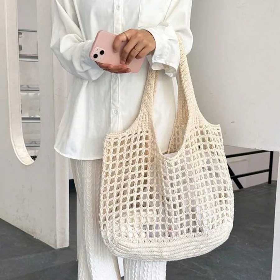 Fashion Vintage Solid Color Knitted Hollow Tote Bag Large Capacity Shopping Shoulder Bag Crochet Handbag for Women W250524