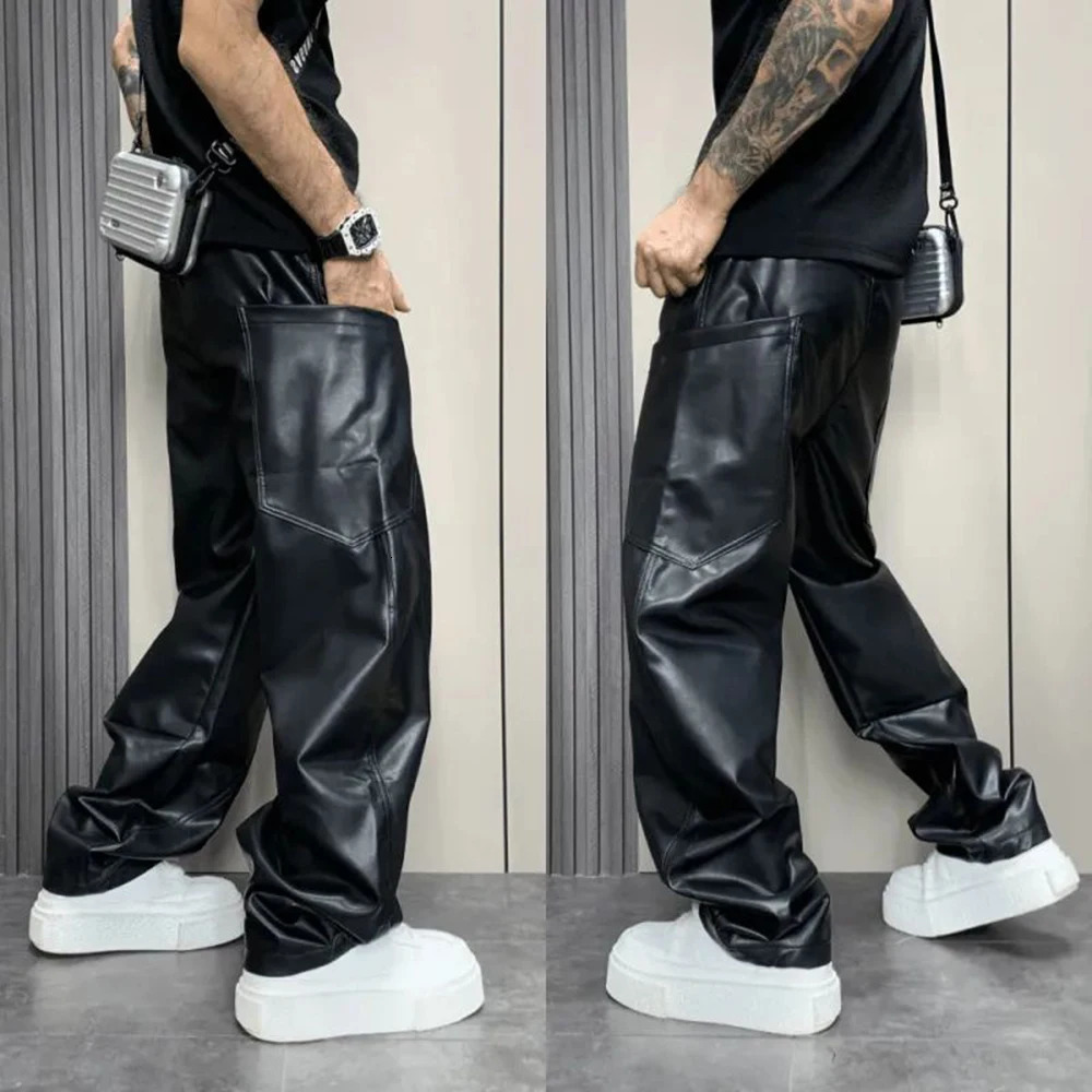 Mens Pu Leather Pants MultiPocket Streetwear American HipHop AllMatch Solid Color Simple Casual Clothing 250526