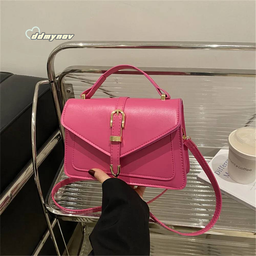 New Fashion Sling Shoulder Bag PU Top Handle Messenger Handbags Simple Solid Color Belt Buckle Commuter Crossbody Bags For Women ddmynov
