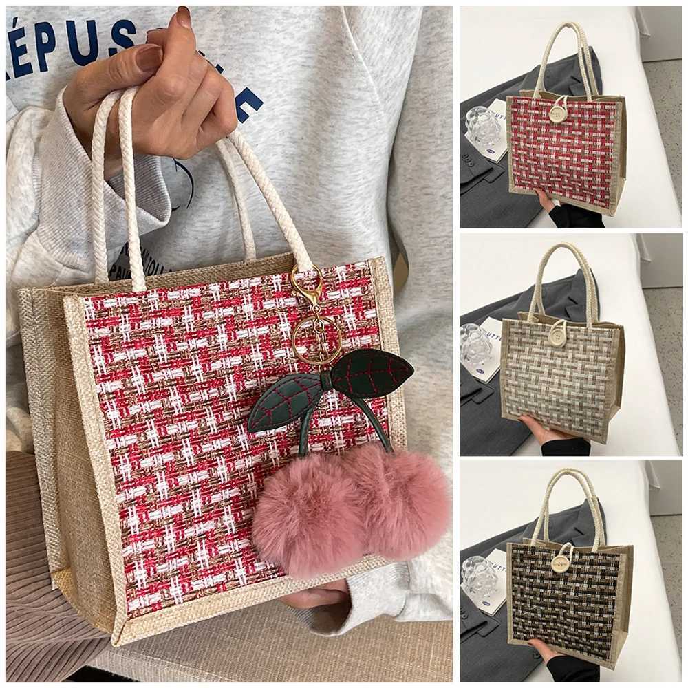 Retro Braided Pattern Jute Tote Bag Large Capacity Grocery Bag Women Handbag Beach Organizer Portable Shopping Bag Lunch Bag W250524