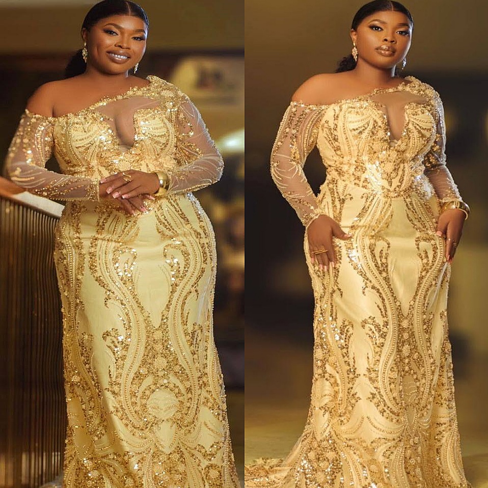 Gold Mermaid Prom Dresses 2025 Sequined One Shoulder Full Sleeves Evening Formal Party Second Birthday Engagement Gowns Plus Size Dress For Special Oc