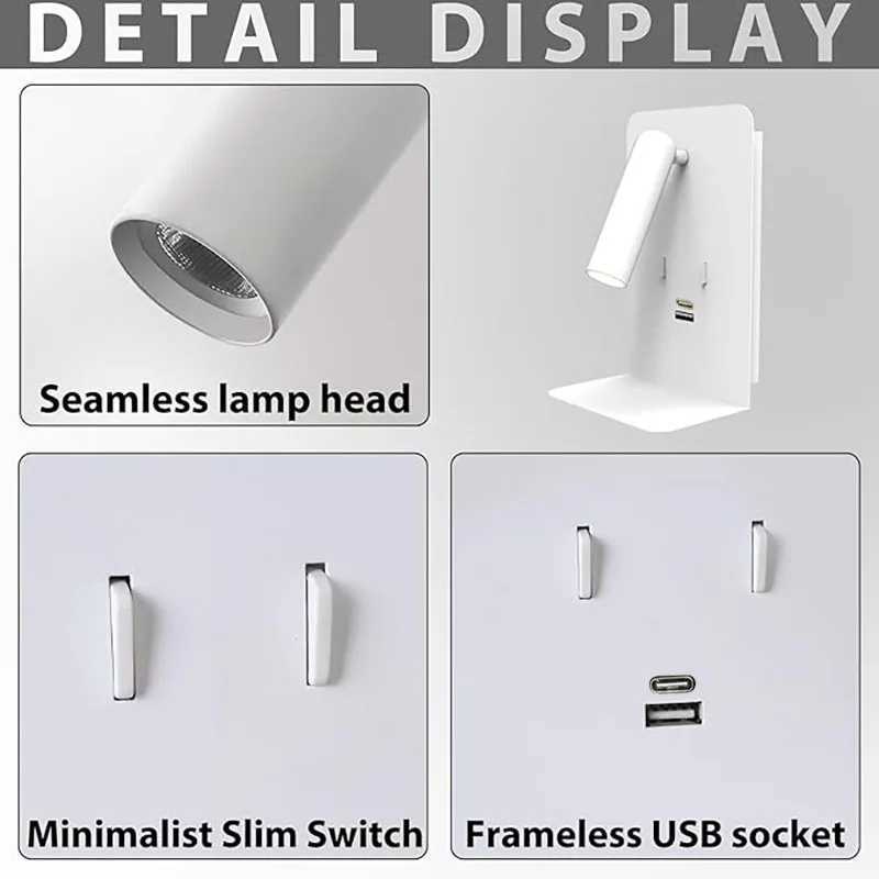 LED Wall Lamp With Switch Indoor Bedside Lamp Bedroom Wall Sconce Surface Mounted Reading Light Flexible USB Port Phone ShelfXJ250526