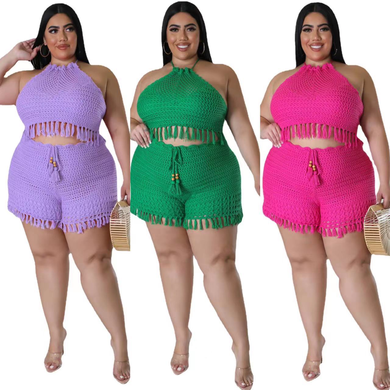Women's Plus Size XL-XXXXXL size two-piece pants set Sexy stylish backless tie straps Leisure tassel fishnet knitting design Beach sun-protective