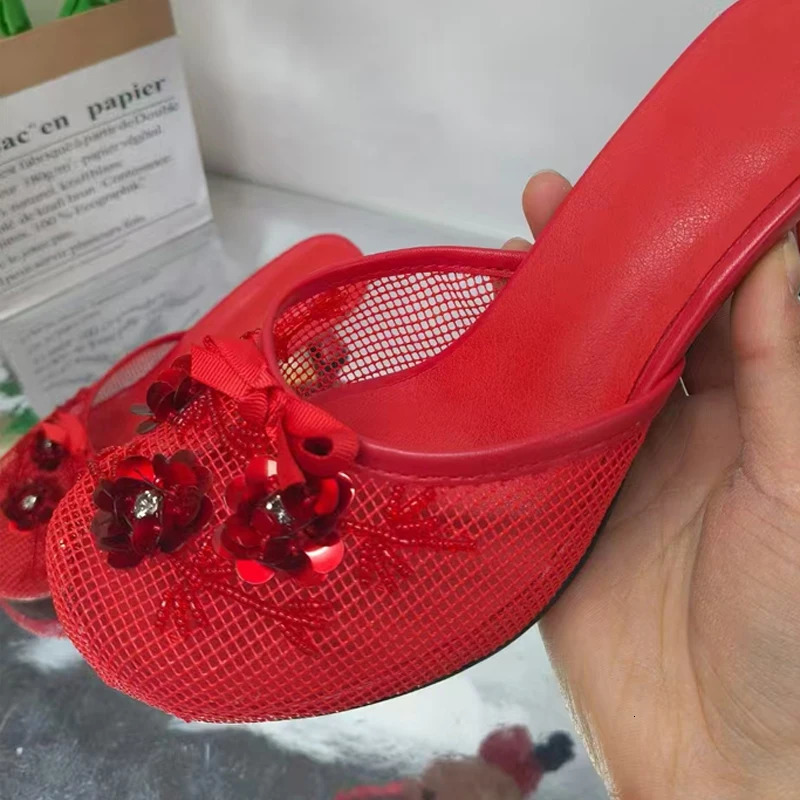 Mesh Beads Embroidered Closed Toe Wedge Slippers Woman Summer Flower Eva HalfCovered High Heel Sandals Outerwear 250526BJ - view 4
