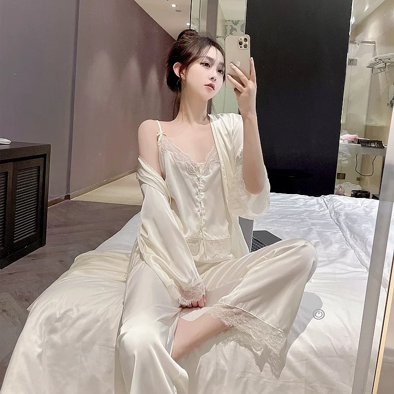 XS6-Lace suspender pajamas women summer sexy ice silk silk home clothes three-piece nightgown spring and autumn