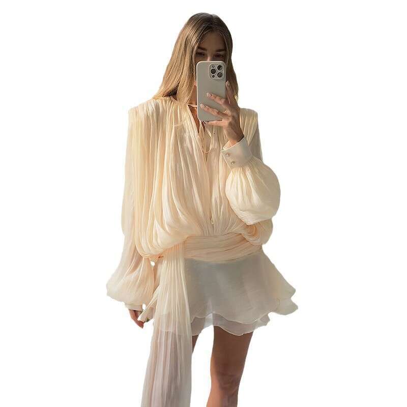 Backless Sexy Dress Spring New Lazy Style Mesh Puff Sleeve Short Dress With Pleated Ruffle Design For Women Sexy Flowy Dresses