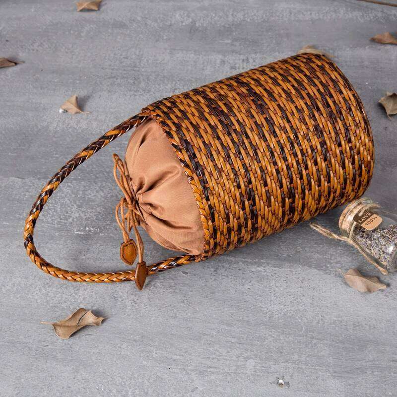 Genuine Leather Women Shoulder mall ethnic style round bucket Vintage Tote Bag Cowhide hollow woven bag