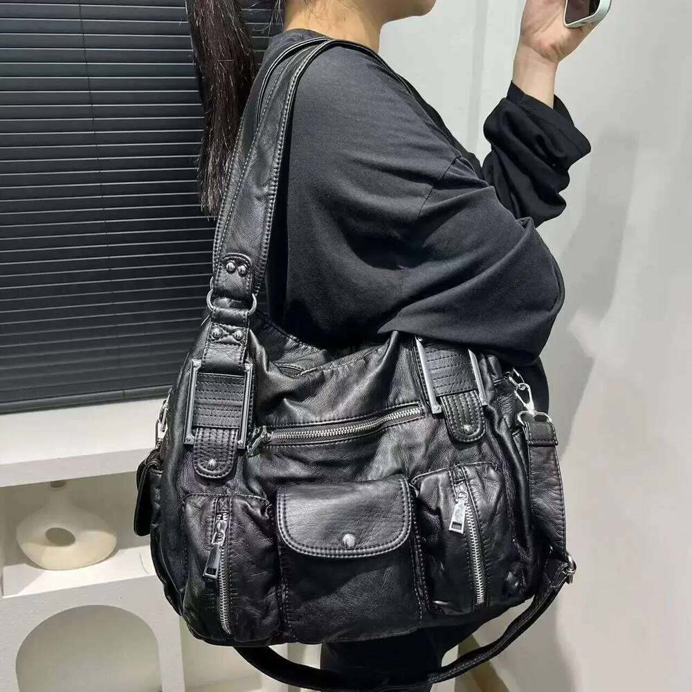 Women's Bags Designer Bags Designer Women's Fashion Y2k Hot Girl Motorcycle Bag Multi-Pocket Washed Distressed Shoulder Crossbody Handbag