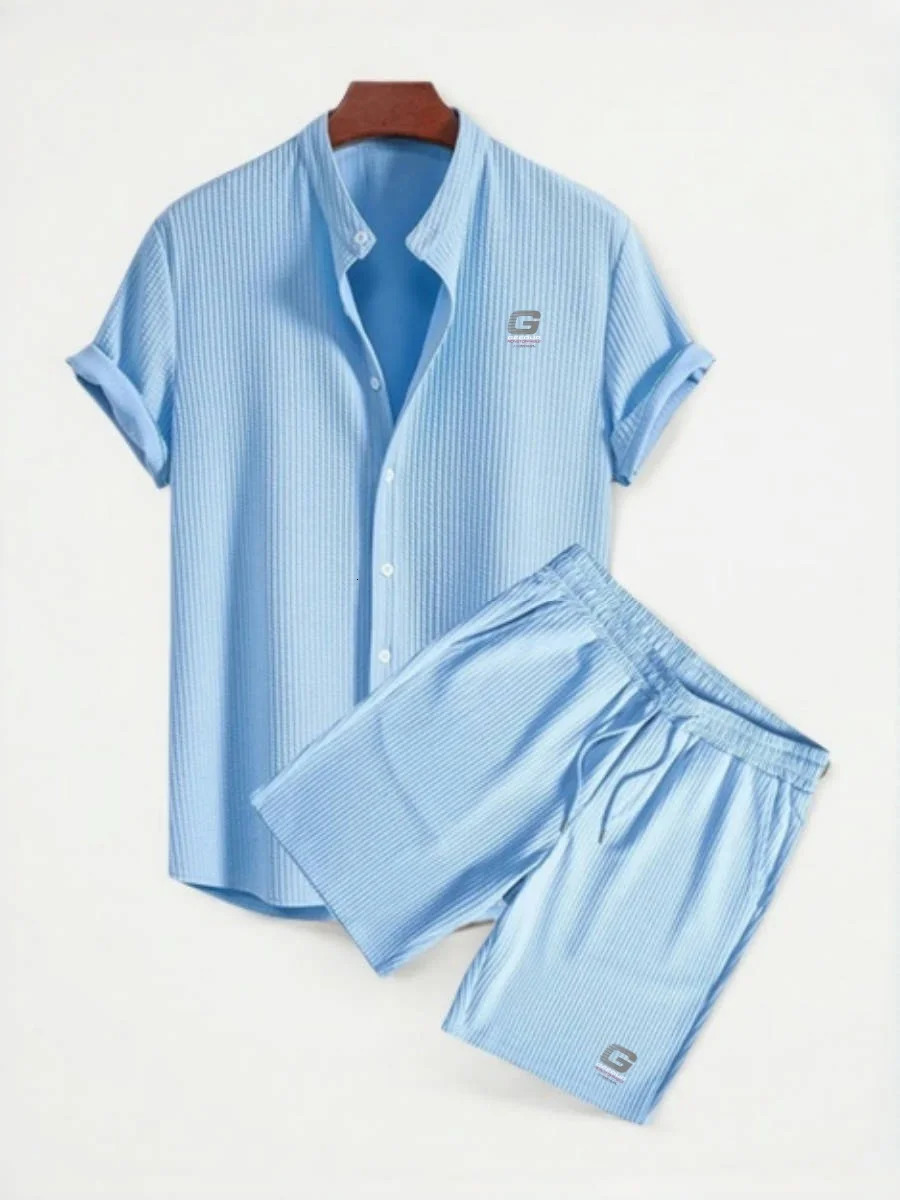 2025 Mens Casual Loose Multicolor Beachwear Corduroy Short Sleeve Shorts TwoPiece Set Hanstyle Collar Applique Top 250519
