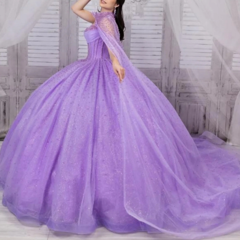 Light Purple Shiny Quinceanera Dresses Off Shoulder Ball Gown Sweet 16 Dress Beading Pearl With Cape Tull Birthday Party Vestidos 15 Anos