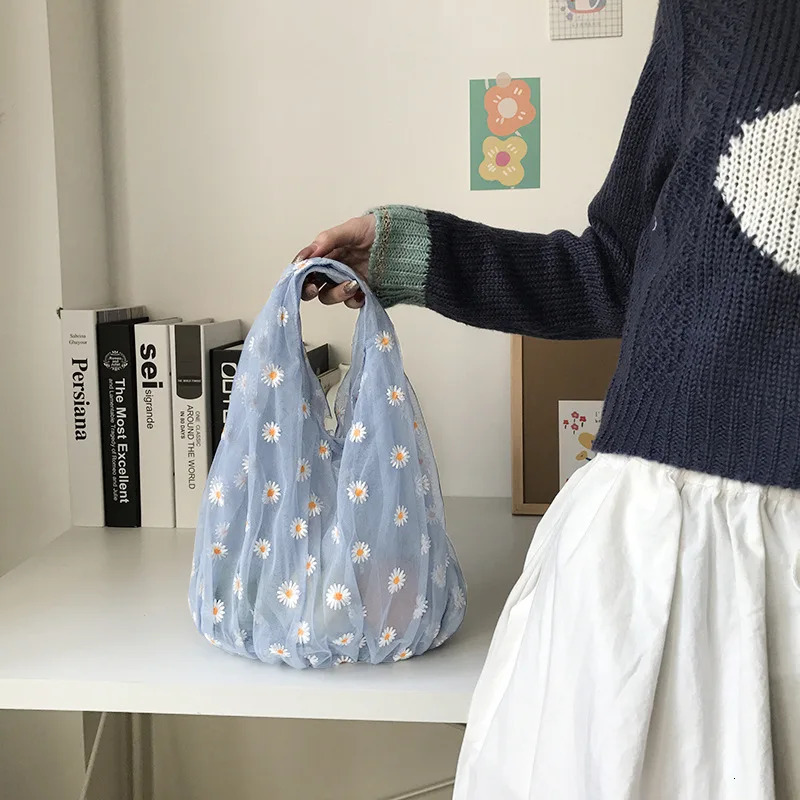 Women Small Transparent Tote Mesh Cloth Bags Daisy Embroidery Handbag Quality Eco Fruit Bag Little Decoration Purse For Girl 250526