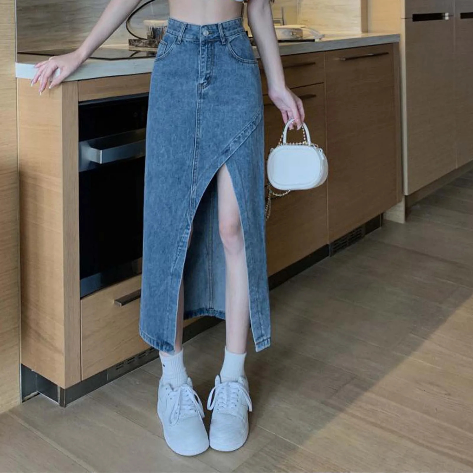 Skirts For Women Elegant High Waisted Denim Skirt Summer Chic Asymmetrical Split Hem Slimming Midi Long Pencil 250516Z