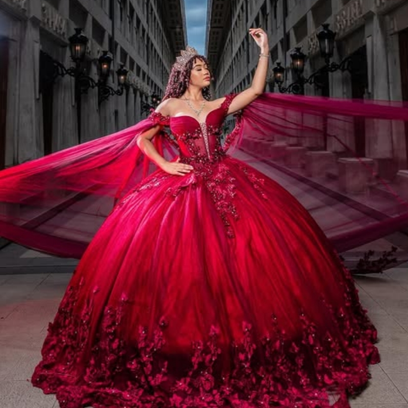 Red Shiny Quinceanera Dresses Ball Gown Off The Shoulder Applique Bow Beading With Cape Tull Party Birthday Sweet 16 Dress Vestidos 15 Anos