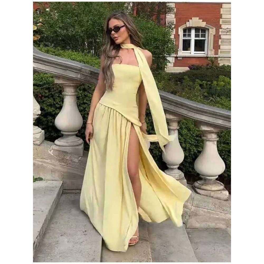 Butter Yellow Pleated Scarf Collar Long Dress Women Tie Back Spliced Backless Split Party Dresses 2025 Summer Asymmetric Robes