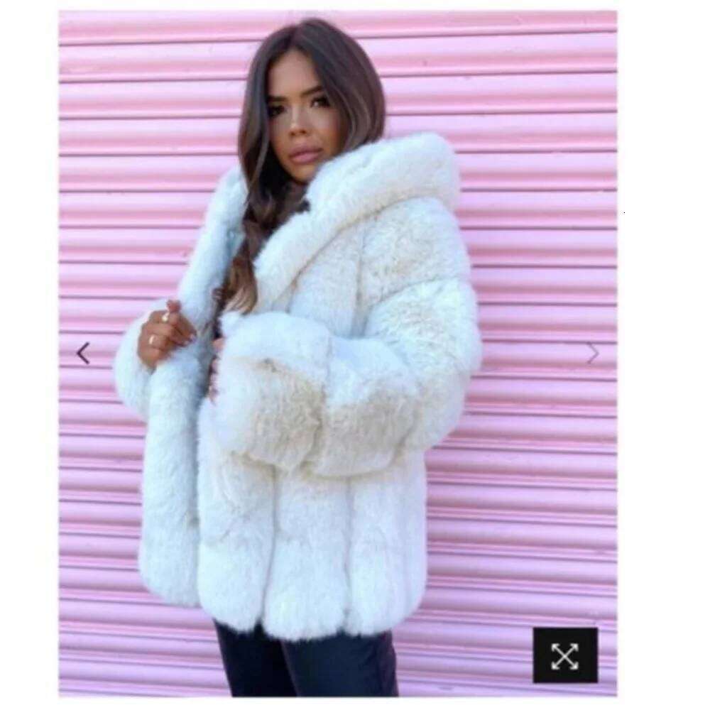 S-5XL Winter Warm Plush Coat Women Striped Faux Fox Fur Collar Cardigan Outstreet Wear Thick Long Sleeves Jacket With Hooded