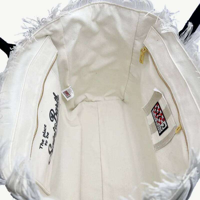 Saint Barth European And American New Women's Large Capacity Casual Beach Canvas Striped Tassel Handheld Tote Bag