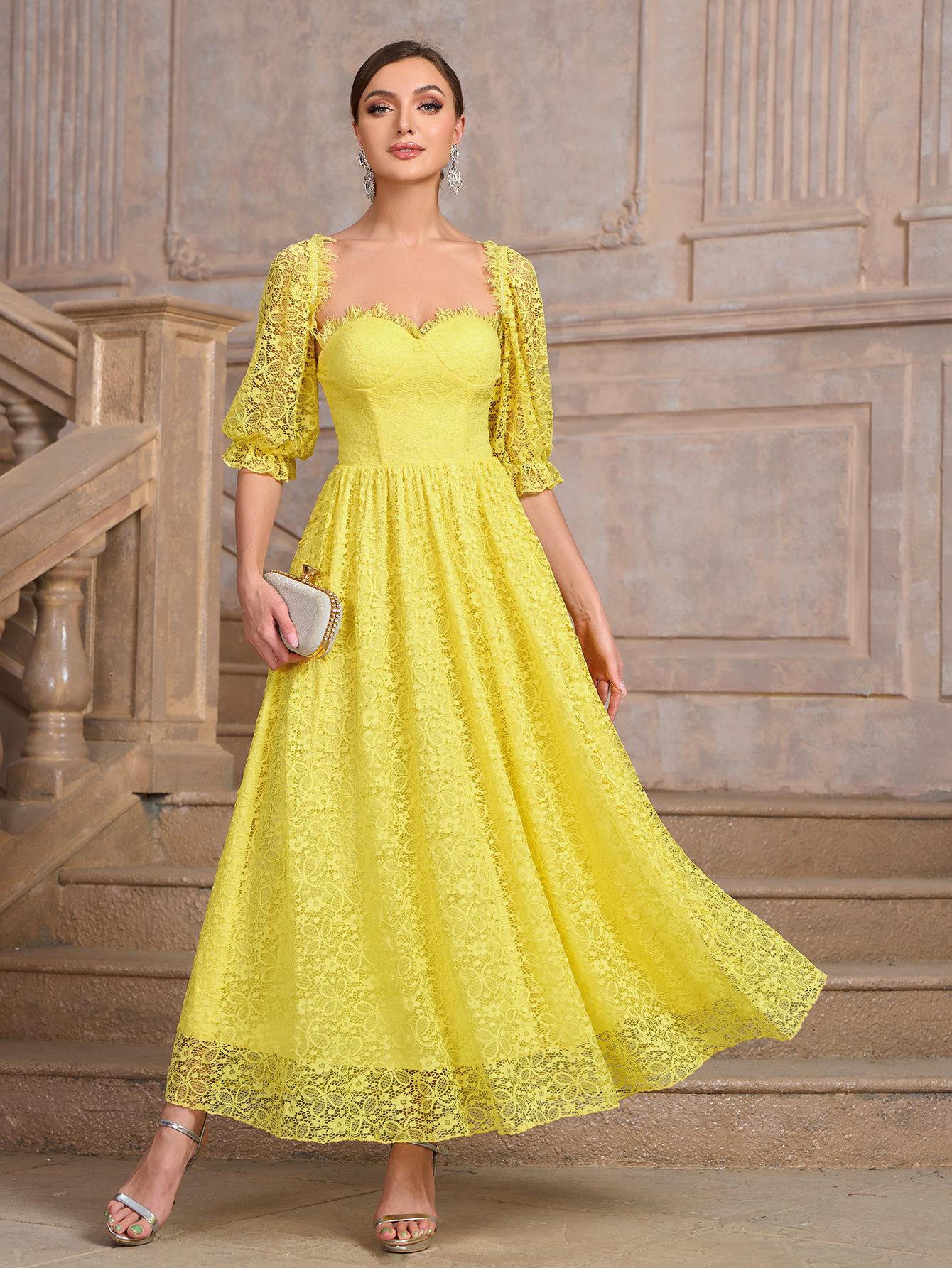 Womens new style bubble sleeve square neck big swing dress elegant 2025