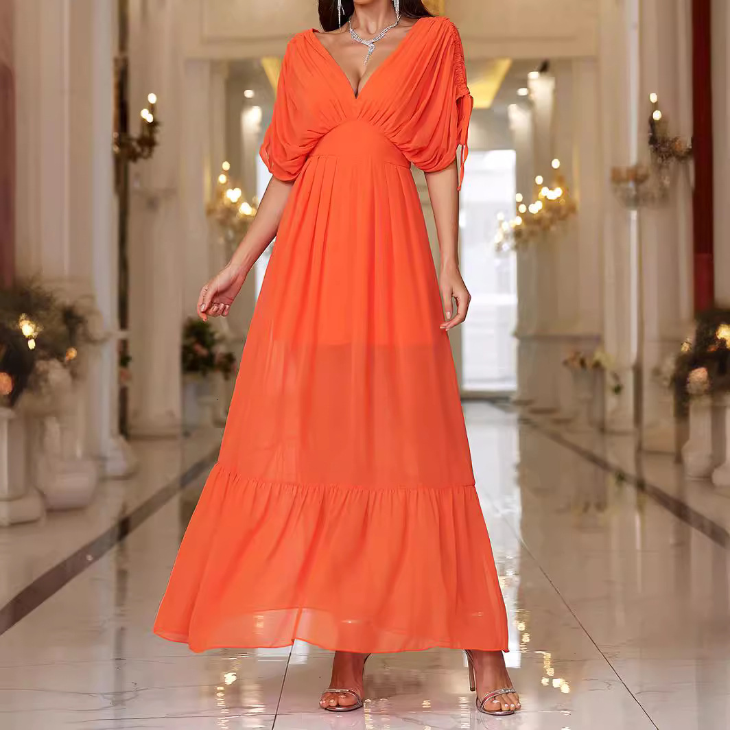 Summer new dress V-neck chiffon drawstring backless refreshing long skirt beach vacation dress