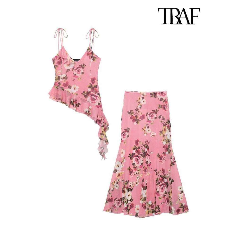 TRAF Women's Fashion Summer Tulle Floral V-Neck Spaghetti Strap Backless Asymmetric Camisole Top + High Waisted Halter Skirt Set