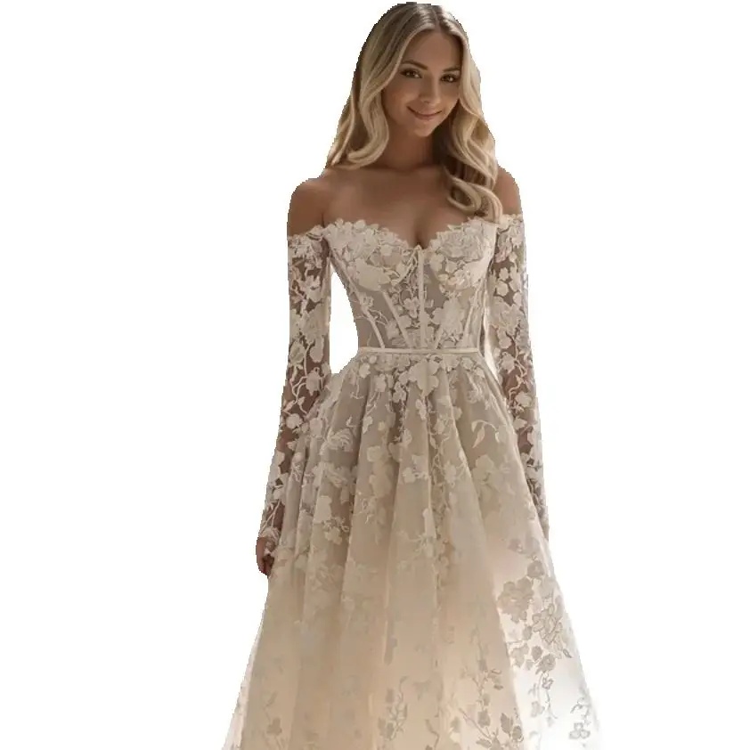 Simple Lace A Line Wedding Dress Elegant Off The Shoulder Bridal Dress Long Sleeve Customized vestidos de novia