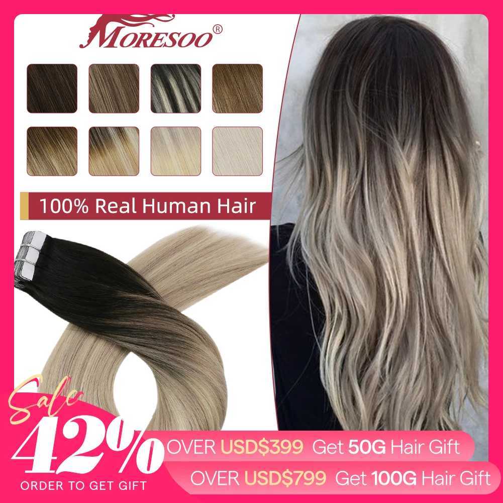 Moresoo Tape in Human Hair Extensions 100% Real Hair Remy Brazilian Hair 14-24inch Straight Natural Adhesives Tape in Extensions S25526