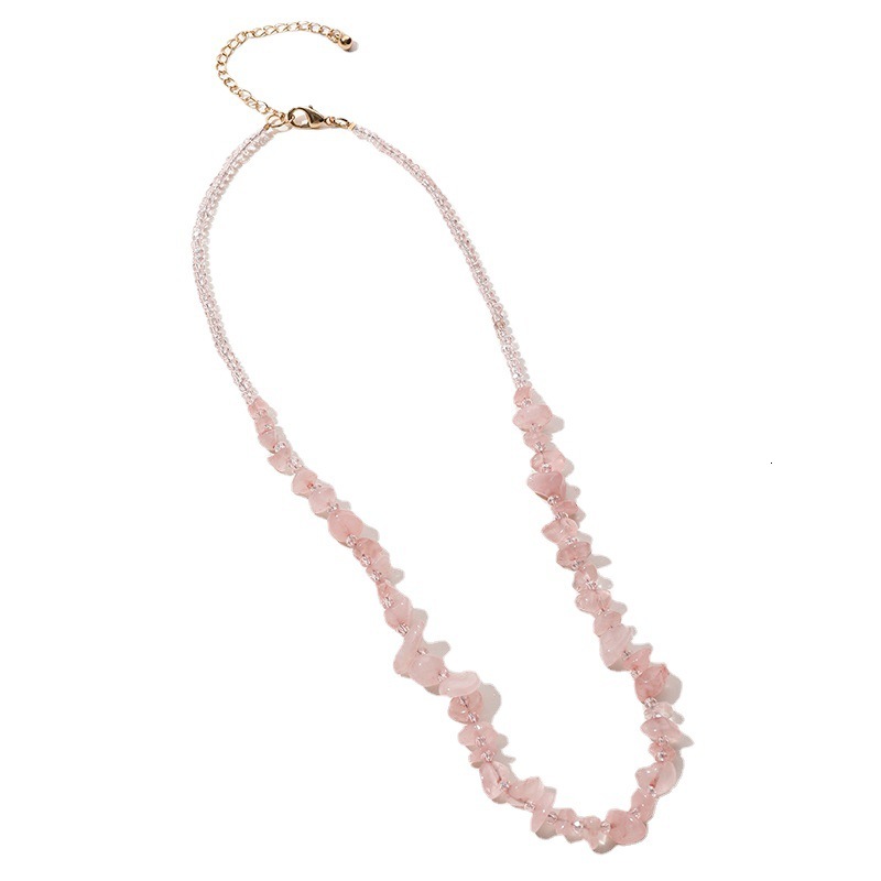 Korean version irregular pink natural stone fashionable and sweet long crystal necklace versatile