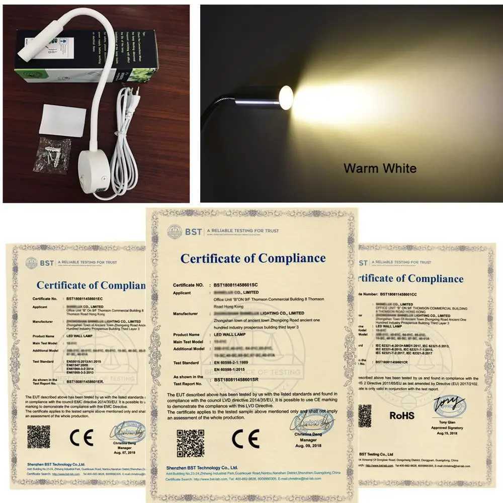 2pcs LED Wall lamp 3W for Bedside Study Reading Book Lamp Black Silver White wall light EU US Plug CordXJ250526