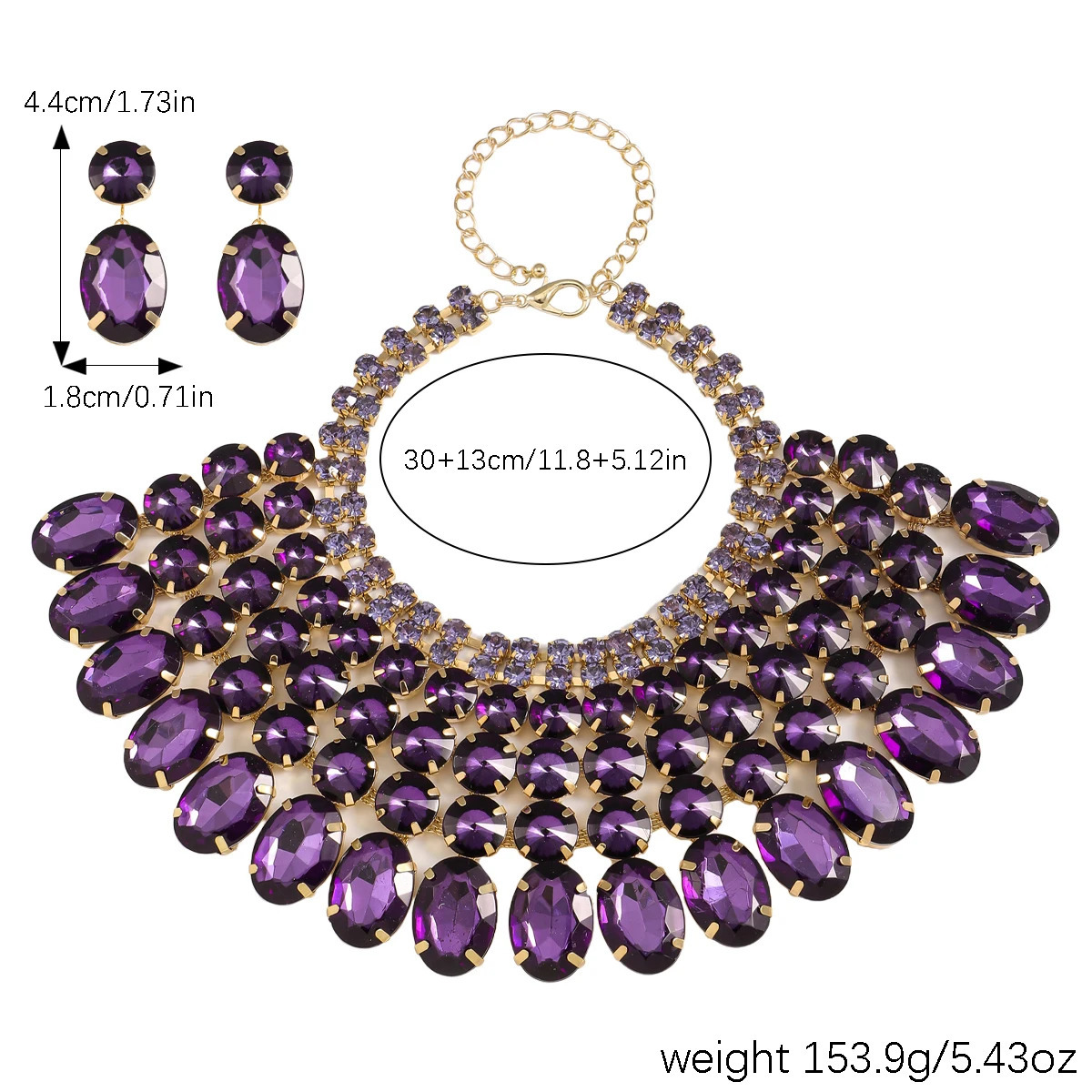 Lady 3 Pc Exaggerated Style Full of Rhinestone Necklace Earrings Set For Birthday Parties Multiple Color Options 250519