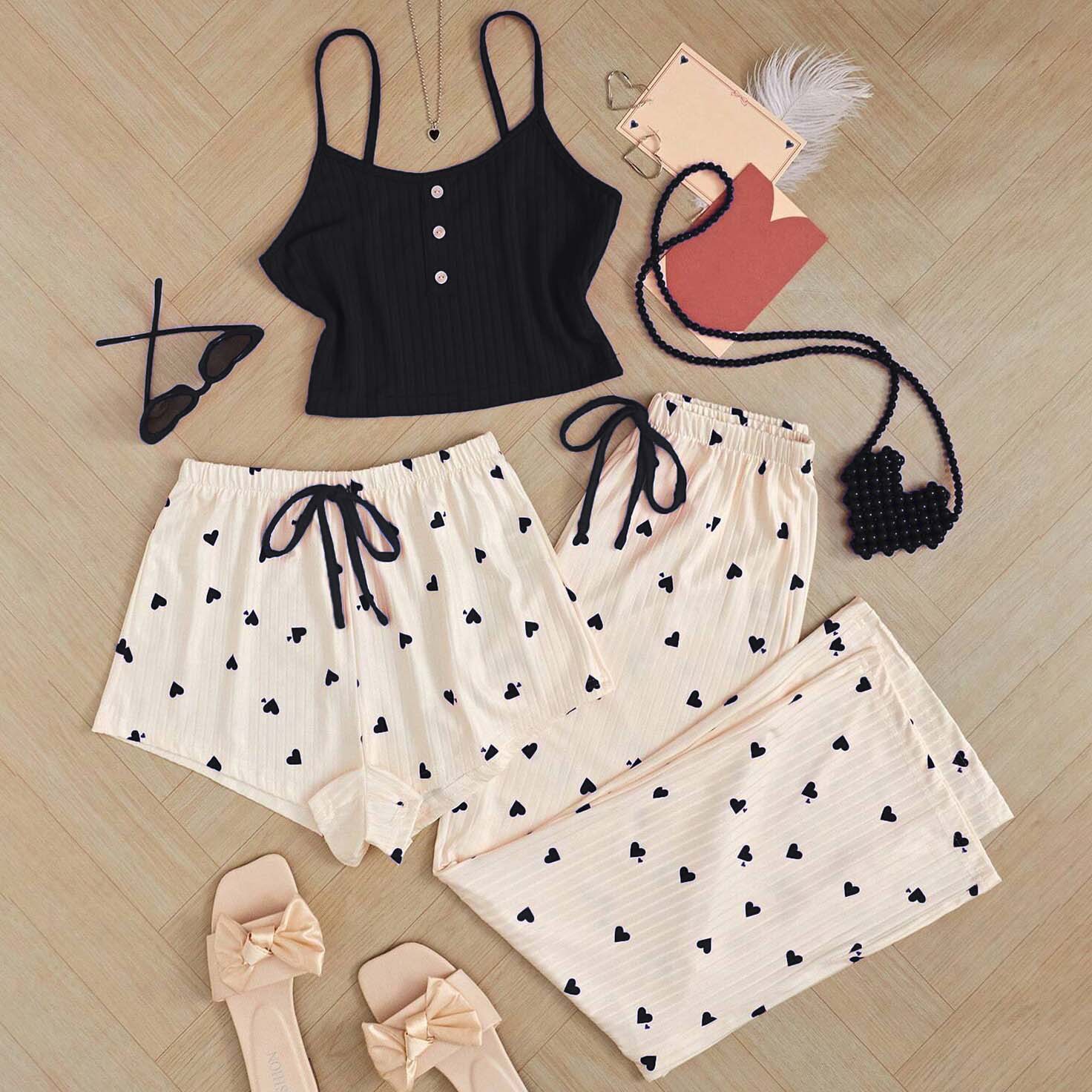 X180-Peach heart slimming suspender pajamas women's spring three-piece set high-end sexy home wear suit