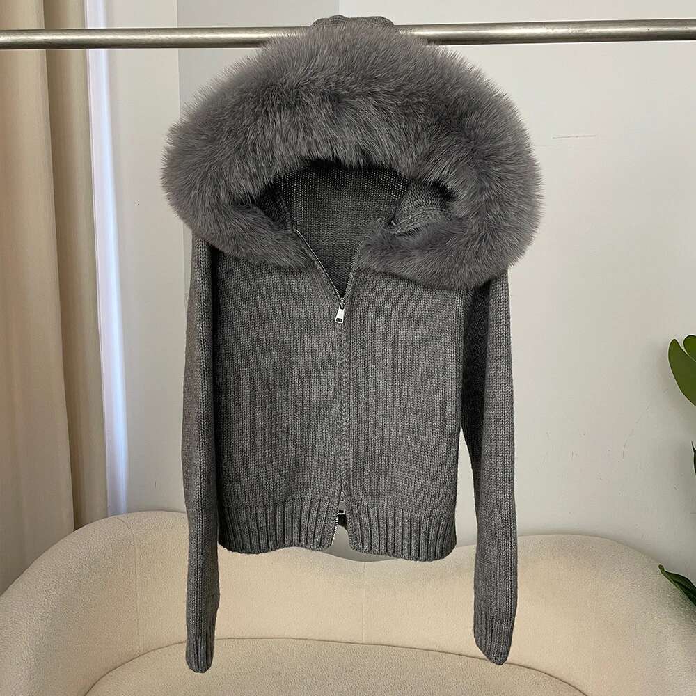 WHOLESALE 2025 New Spring Casual Hooded Fox Collar with Solid Color Sweater Women Real Fur Coat Zipper Warm Tops