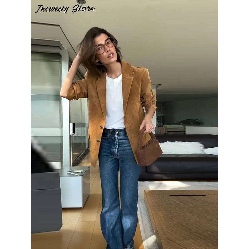 Fashion Suede Khaki Jacket Women's Single Breasted Lapel Buttons Pockets Full Sleeve Coats 2025 Spring Lady Vintage Streetwear