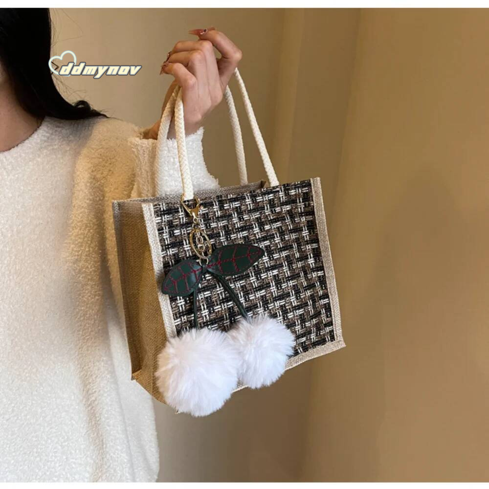 Retro Braided Pattern Jute Tote Large Capacity Grocery Women Handbag Beach Organizer Portable Shopping Lunch Bag ddmynov
