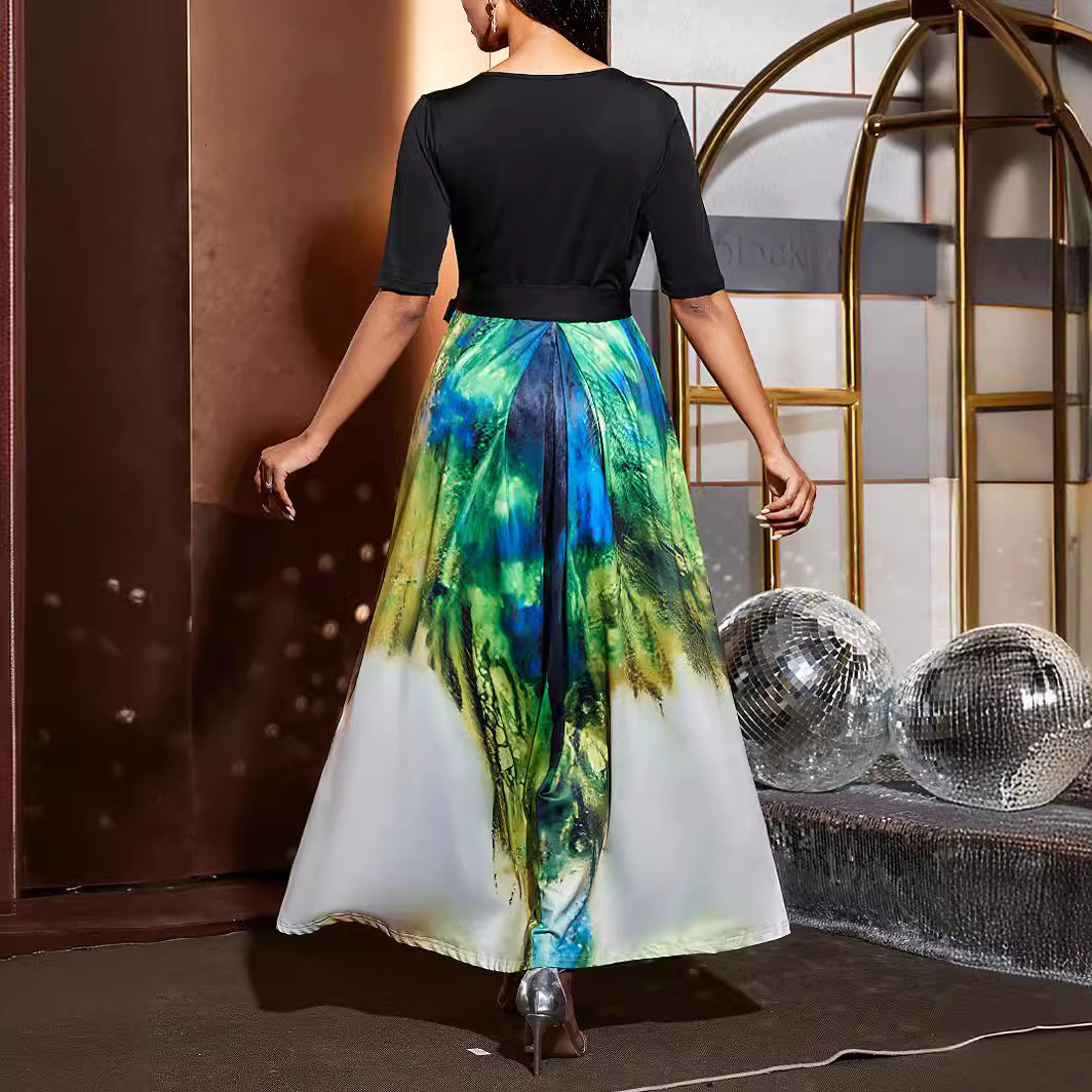 Dress sexy vacation beach dress summer short sleeved tropical printed mid length skirt