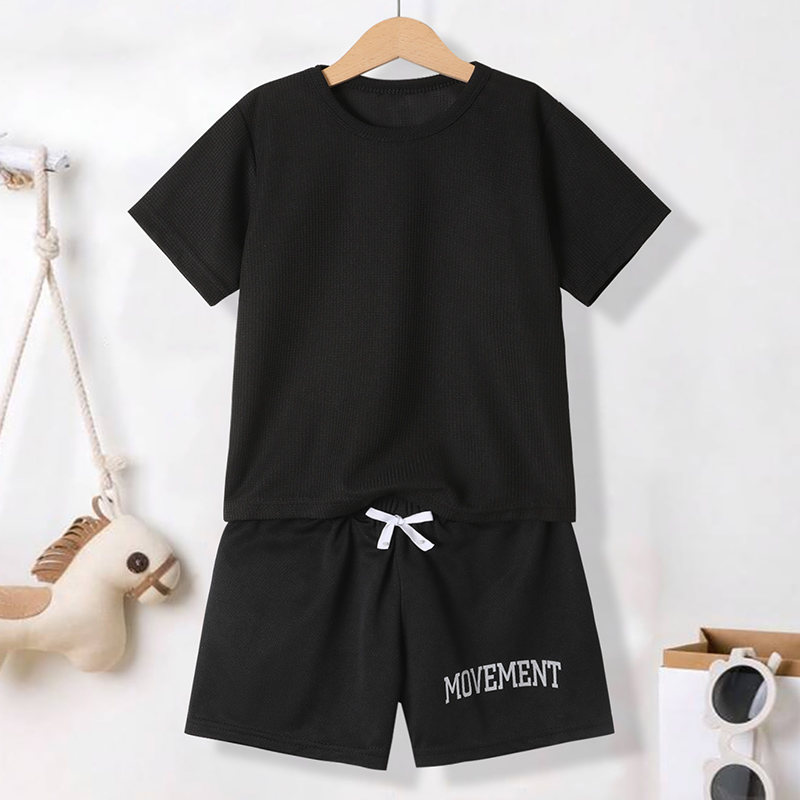 Summer boys' shorts set with waffle style short sleeves and letter printed shorts, suitable for children aged 4-12, featuring a stylish casual ou