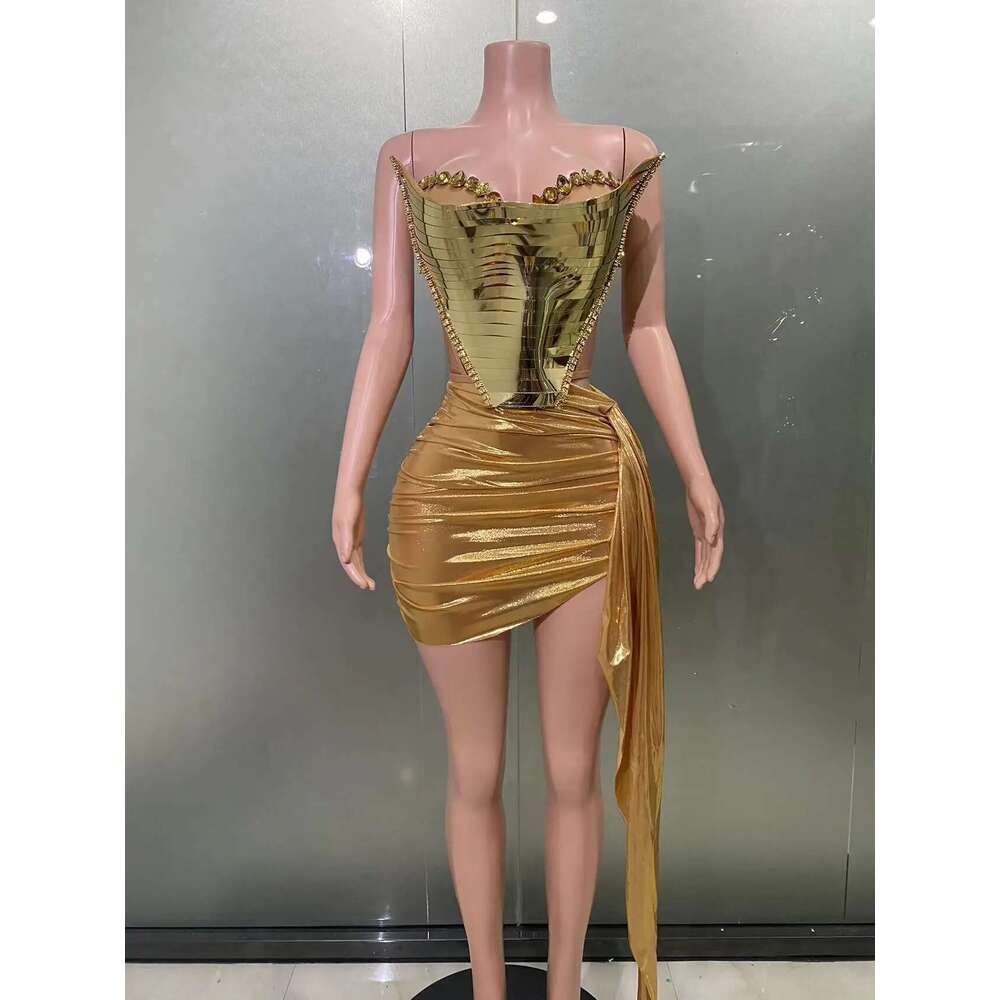 STOCK Sier Glod Color Women Sexy Shinning Crystal 2 Pieces Bodycon Mini Dress Christmas Style Celebrate Bar Singer Stage Wear