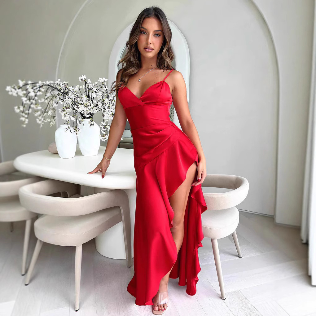 2025 single shoulder pleated slit sexy satin dress with summer temperament and slim fit