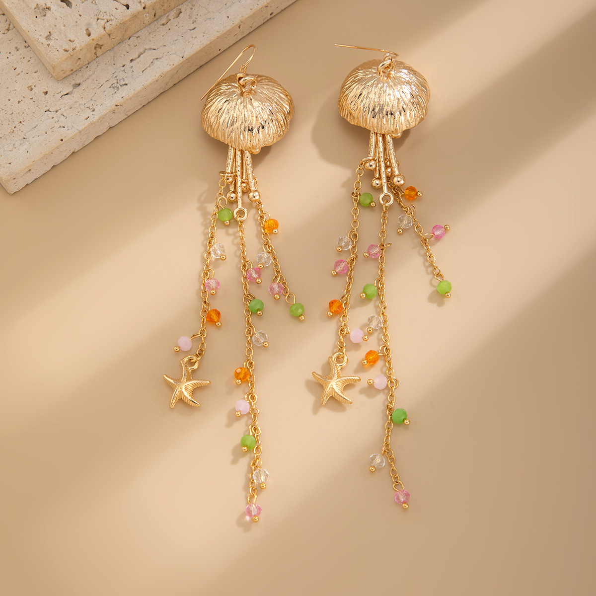 European and American Cross border Ocean themed Ins style Metal Starfish and Jellyfish Studs with Bohemian Imitation Pearl and Crystal Tassel Earrings