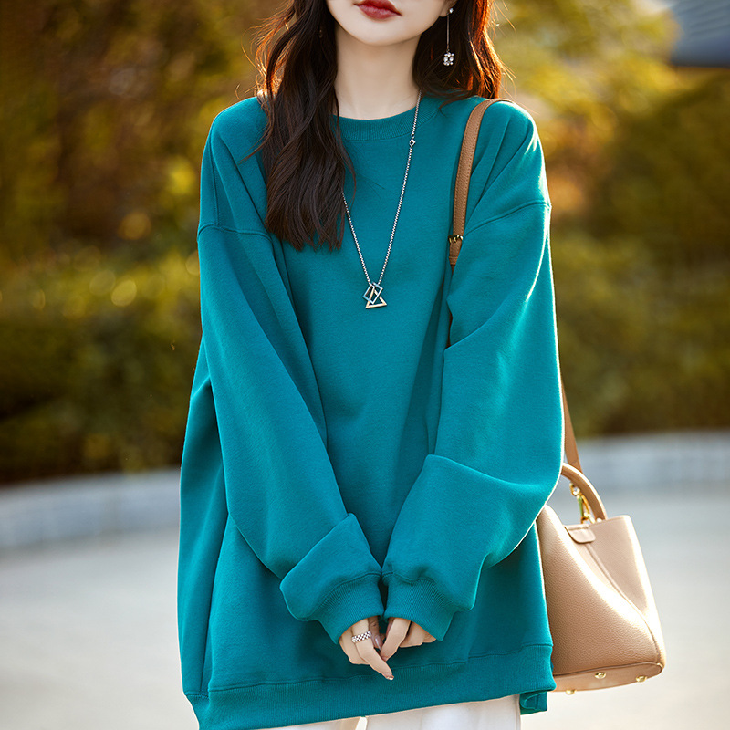 SLL2106 New Korean style casual plus velvet sweater round neck loose drop shoulder casual mid-length tops for women