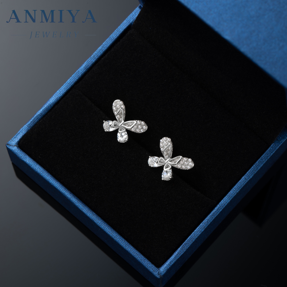 Wholesale 925 Sterling Silver Butterfly Stud Earrings 18K Gold Plated Zircon Cute Trendy Animal Jewelry Girls Gift Children