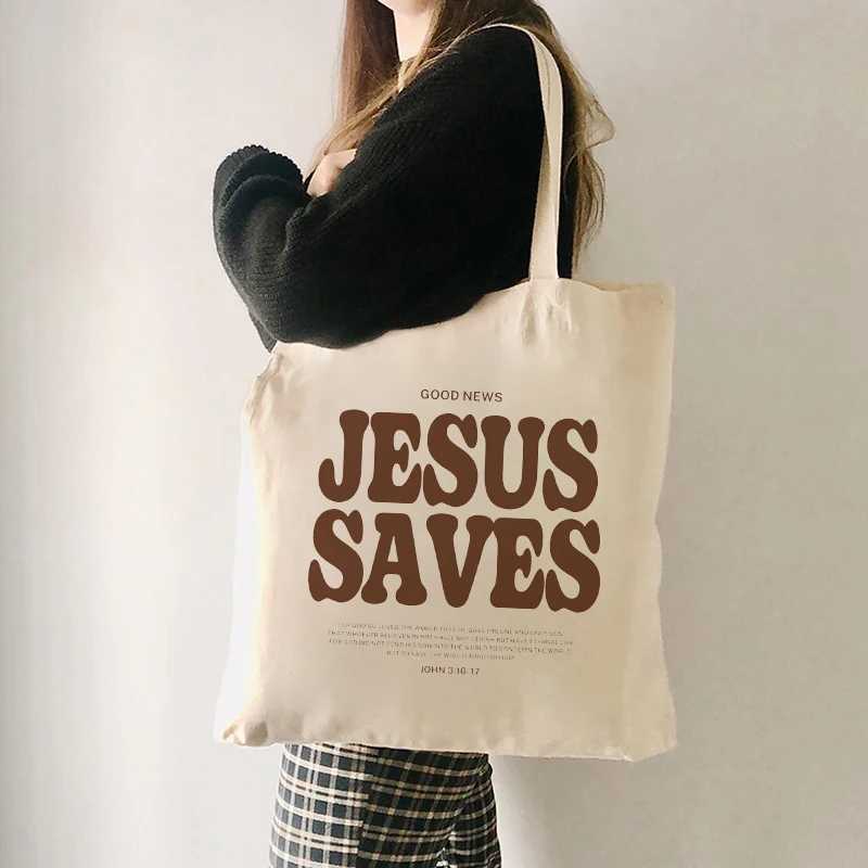 Good News Jesus Saves Pattern Canvas Shoulder Tote Bag Casual Shopping Tote Christ Religion Christian Faith Shopper Handbag W250524