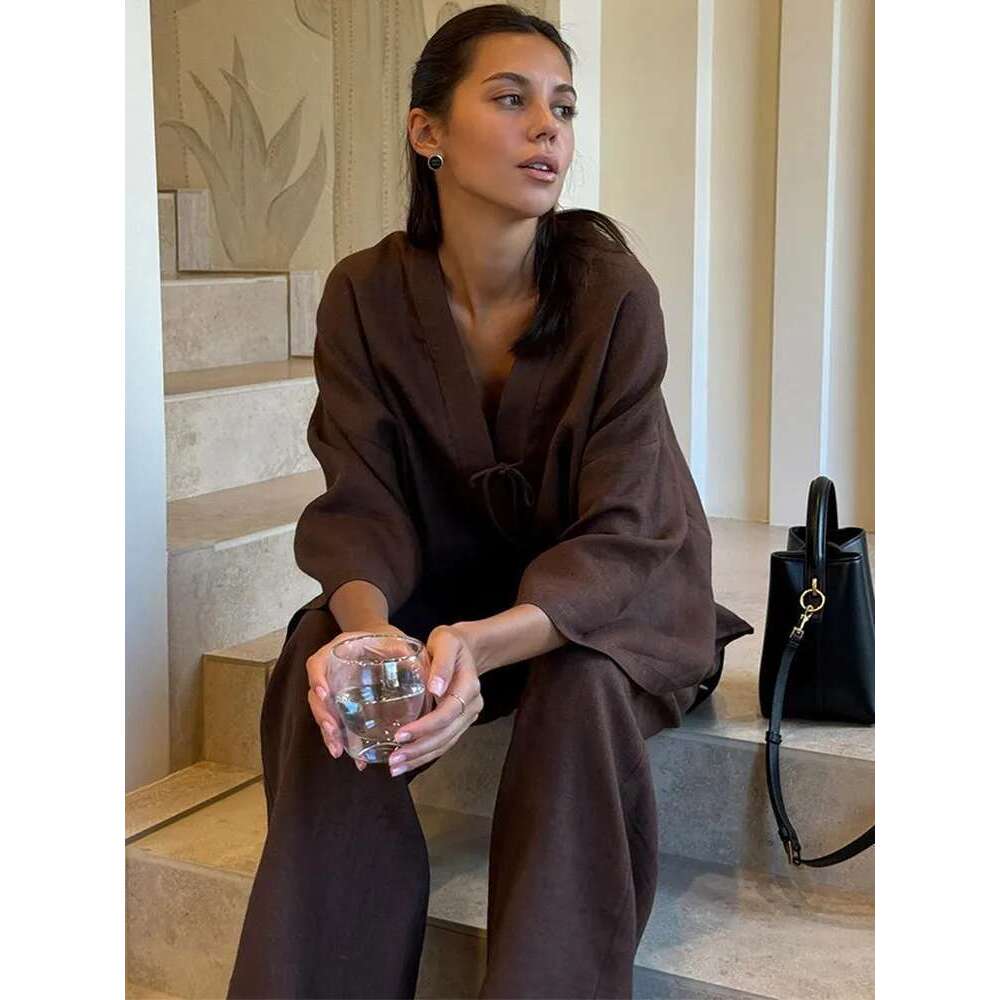 2025 Summer Women's Fashion Outfits Chic Brown Cotton Linen Lace Up Shirt Suits Casual V Neck Long Sleeves Loose Pants Set Lady