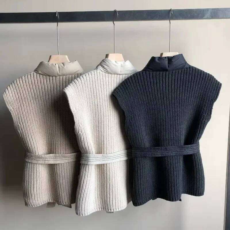 Sweet Hot Girl Knitted Splicing Vest Women's Autumn And Winter Lace-Up White Duck Down Sleeveless Coat Female Clothes