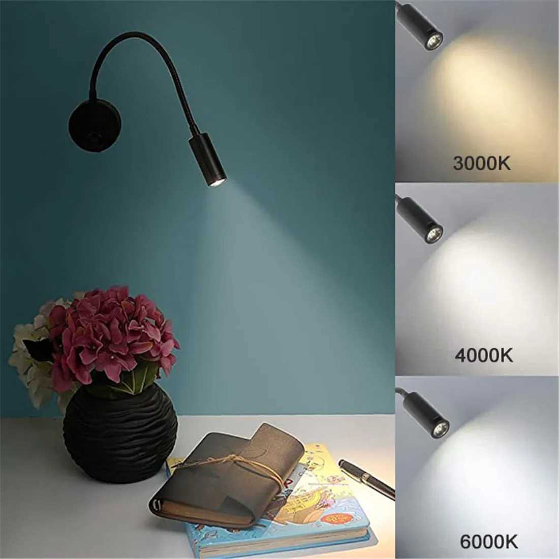 Bronze 3W LED Reading Light Black White Silver Gooseneck Wall Lamp for Bed Headboard Desk 4000K Bedside Switch LED Night LampXJ250526
