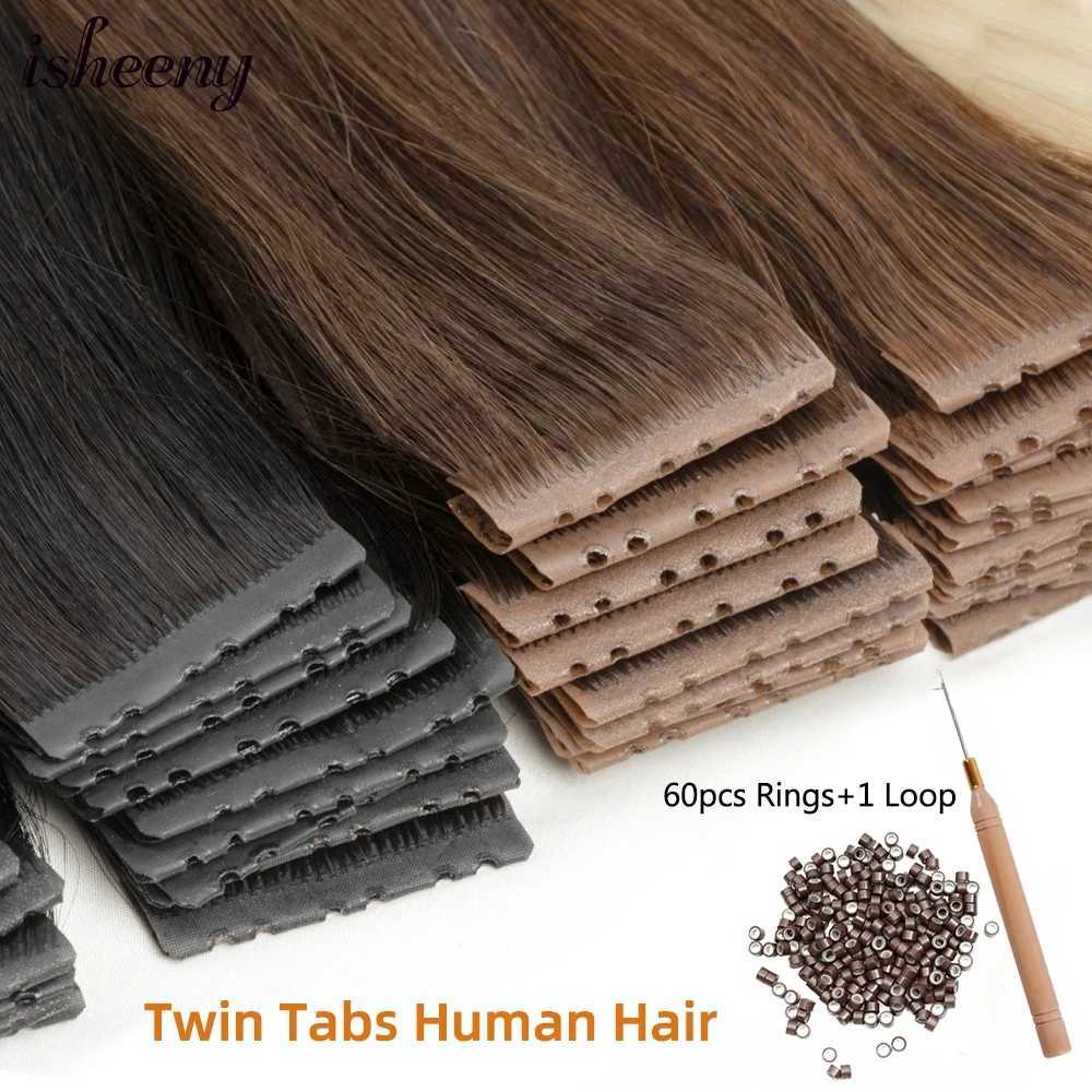 Women Invisible Twin Tabs Hair Extensions 12-24 inches PU Skin Tape Human Hair 10pcs Natural Straight Micro Ring Weft Hair S25526