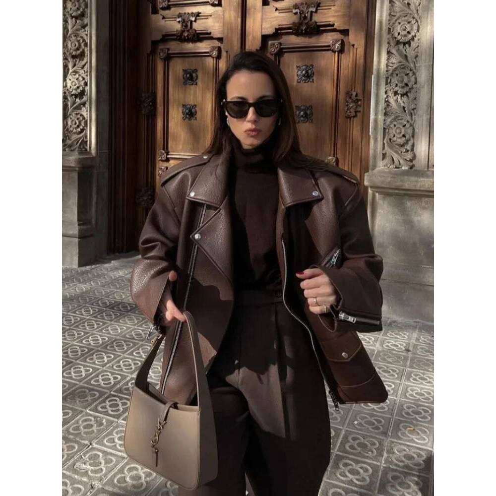 Vintage Pu Leather For Women Turn-down Collar Loose Jackets Zippers Motorcycle Female Coats 2024 Autumn New Lady Outerwears